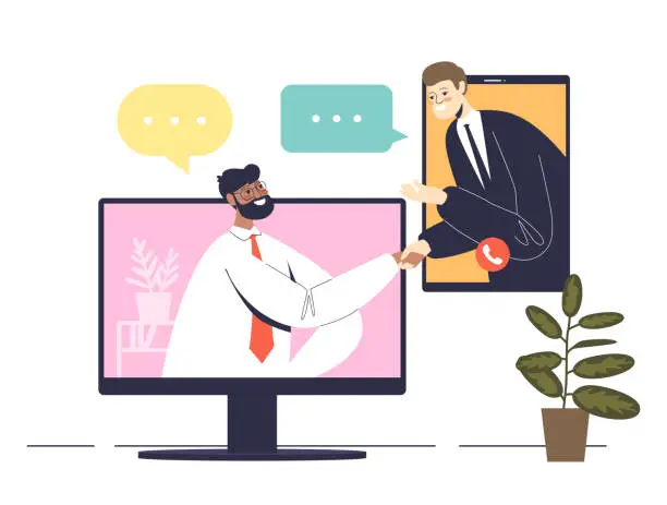 Vector illustration of Two businessmen shaking hands from laptop and smartphone during online video conference meeting