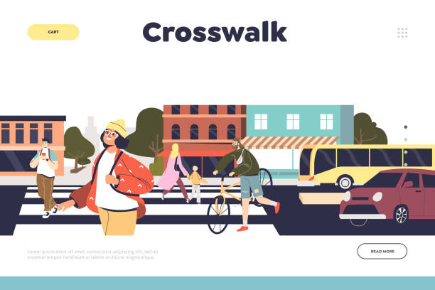 crosswalk-walking-konzept der landing page mit menschen, die straße auf zebrastreifen überqueren - prachtstraße stock-grafiken, -clipart, -cartoons und -symbole