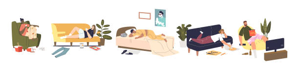 ilustraciones, imágenes clip art, dibujos animados e iconos de stock de conjunto de personajes de dibujos animados relajarse durante el fin de semana en casa durmiendo, surfeando internet y viendo la televisión - working bed smart phone bedroom