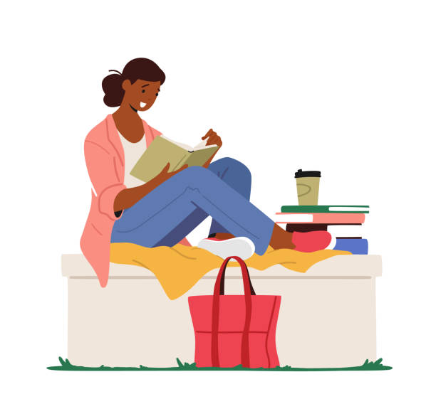 ilustrações, clipart, desenhos animados e ícones de educação, conceito de hobby de leitura. mulher sentada no parapeito com saco feito abaixo do livro de leitura. aluno se prepara para o exame - reading library book women