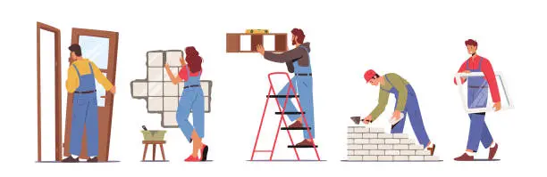 Vector illustration of Set of People Work on Home Repair Installing Door, Window, Tiling Wall, Hanging Shelf and Laying Brick, Renovation