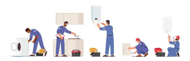 Vector illustration of Set of Plumber Male Characters Repair Broken Technics Washing Machine, Sink, Heater and Heating Pipes. Plumbing Handyman