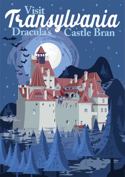 reise poster besuchen siebenbürgen tourismus in europa, rumänien, bran schloss urlaub, dracula haus, vampir-reise - siebenbürgen stock-grafiken, -clipart, -cartoons und -symbole