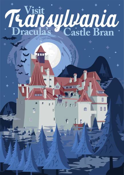 ilustrações de stock, clip art, desenhos animados e ícones de travel poster visit transylvania tourism in europe, romania, bran castle vacation, dracula home, vampire trip - transsylvania