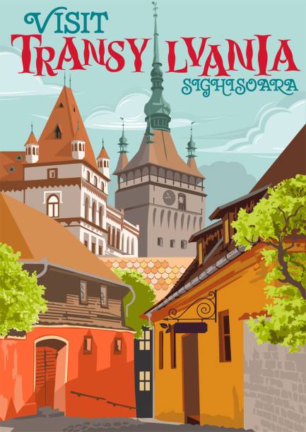 ilustrações de stock, clip art, desenhos animados e ícones de travel poster visit transylvania tourism in europe, romania sighisoara vacation siebenbürgen trip segesvár - transsylvania