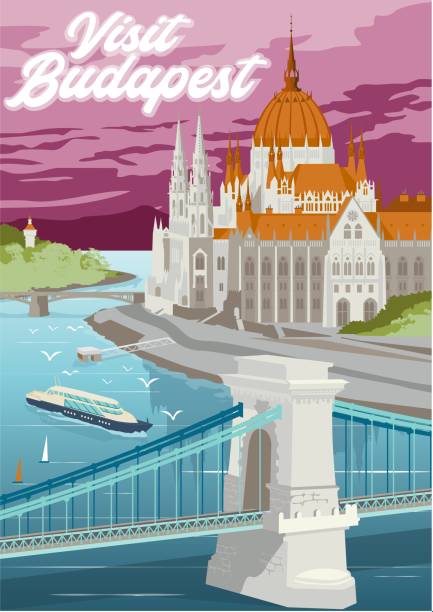 reiseposter besuch budapest tourismus ungarn urlaub europa reise - danube river illustrations stock-grafiken, -clipart, -cartoons und -symbole