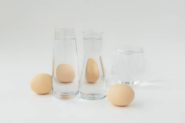istock Optical distortion of eggs through transparent glasses with water on white background, copyspace. 1308315371