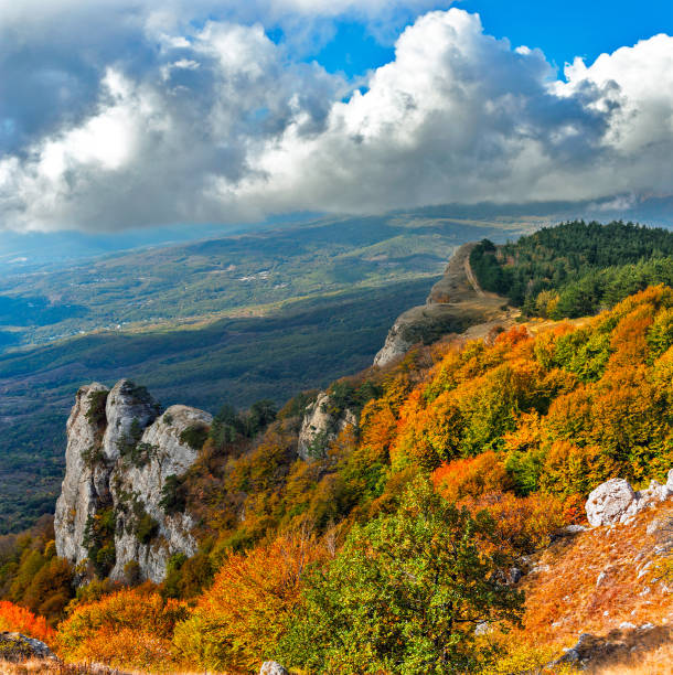 Landscape with mountains and forests of Crimea on an autumn day stock photo