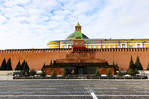 Beautiful view of Red Square: Kremlin, Palace of Soviets, Lobnoye Mesto, GUM: Moscow, Russia - August 03, 2022