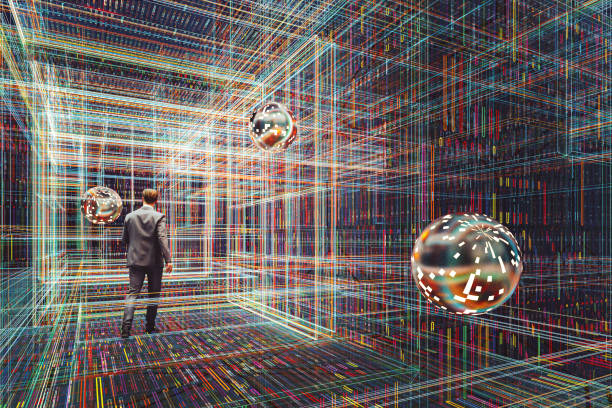 istock Futuristic businessman walking in VR environment 1308318164