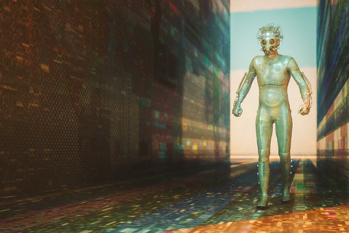 Futuristic steampunk character walking on the street. 3D generated image.