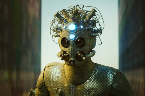 istock Futuristic steampunk character walking on the street 1308318219