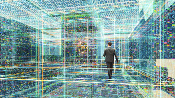 istock Futuristic businessman walking in VR environment 1308318294