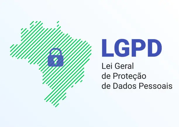 Vector illustration of LGPD - the Lei Geral de Prote o de Dados Pessoais - Portuguese. English - General Personal Data Protection Law. Vector background with lock and map of Brazil