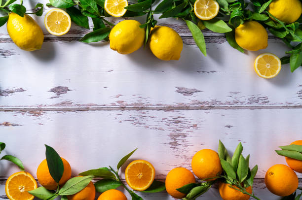 frutti di arancia e limone in rami e foglie di albero su legno bianco rustico - grapefruit citrus fruit leaf fruit foto e immagini stock