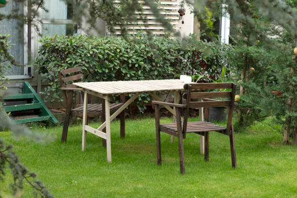 istock Table and chairs in the garden 1308321353