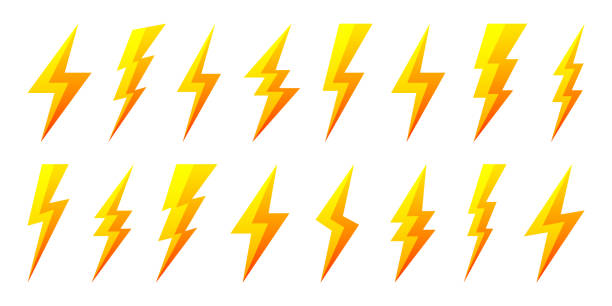 ilustrações, clipart, desenhos animados e ícones de ícones de raios amarelos isolados no fundo branco. símbolo de flash, raio. simples sinal de relâmpago. ilustração vetorial - pino de boliche