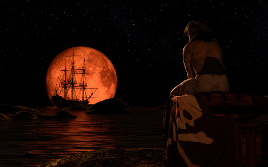 Pirate sailboat at the full red moon. The pirate man sitting on a treasure chest. 3d rendering.