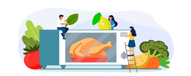 istock Microwave oven with closed door and microwave oven with chicken Electronic chicken roaster oven fast convenience eatable and clean isolated in the kitchen 1308325156