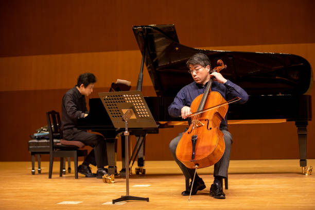 istock Two musicians playing cello and pinano in classical music concert 1308328268