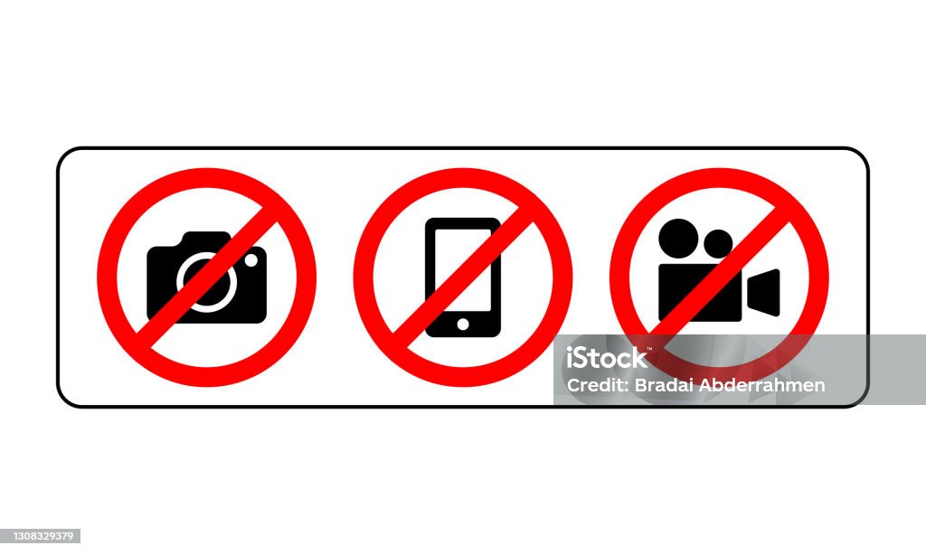 Prohibition sign no camera, no mobile phone and no video recording signboard vector illustration on white background Photograph stock vector