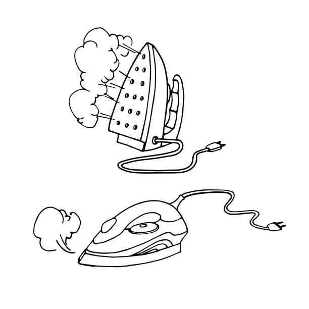 electric irons with clouds of steam, modern household appliances, black ink lines electric irons with clouds of steam, modern household appliances, vector illustration with black ink contour lines isolated on a white background in a doodle and hand drawn style iron steam stock illustrations