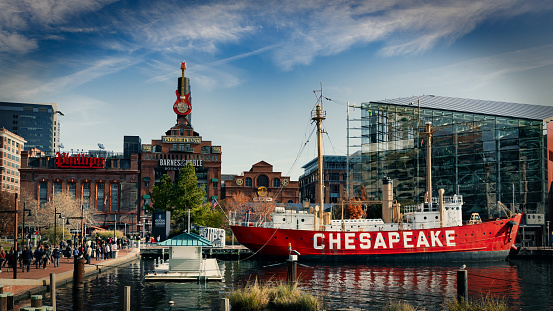 Balitmore, Maryland, United States - November 25, 2017: The lightship Chesapeake, belonging to the National Park Service, moored at the Inner Harbor.