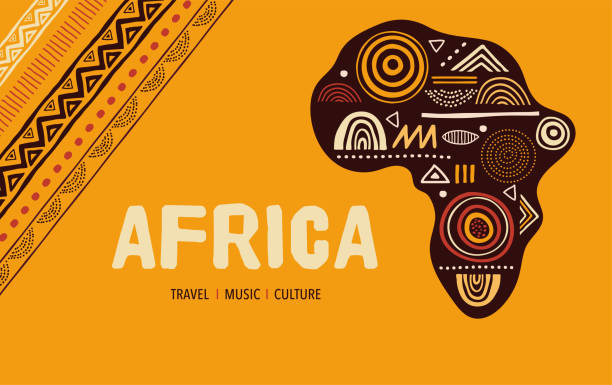 ilustraciones, imágenes clip art, dibujos animados e iconos de stock de mapa con patrones de áfrica. banner con patrón grunge tradicional tribal, elementos, diseño conceptual - áfrica