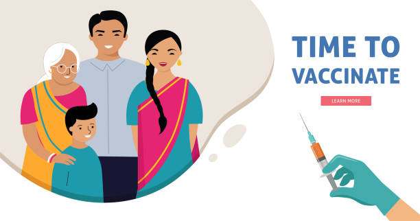 ilustrações, clipart, desenhos animados e ícones de projeto de conceito de vacinação familiar indiana. hora de vacinar banner - seringa com vacina para covid-19, gripe ou gripe e uma família - injeção insulina luva