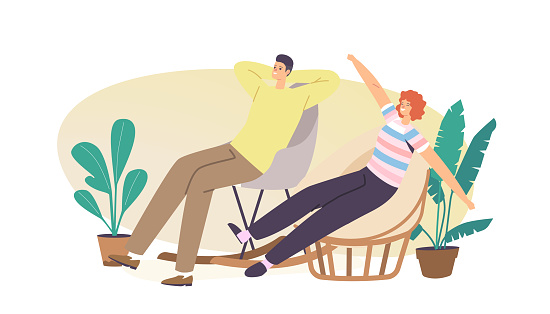 Male and Female Character in Home Wear Stretching and Relaxing in Comfortable Soft Chairs. Modern Domestic Decor Design Made of Natural Materials. Fashionable Furniture. Cartoon Vector Illustration