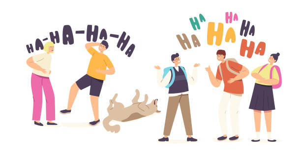 Kids Laughing Concept. Happy Girls and Boys Characters Laugh Expression, Funny Children and Dog Chortle, Ha-ha Emotion Kids Laughing Concept. Happy Girls and Boys Characters Laugh Expression, Funny Children and Dog Chortle, Ha-ha Emotion, Happiness, Childhood, Jolly Schoolkids. Cartoon People Vector Illustration laughing stock illustrations