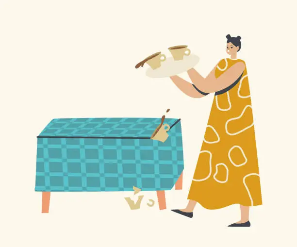 Vector illustration of Female Character Drop Tray with Coffee Cups. Clumsy Housewife or Waitress Break Dishes with Hot Beverage, Clumsiness