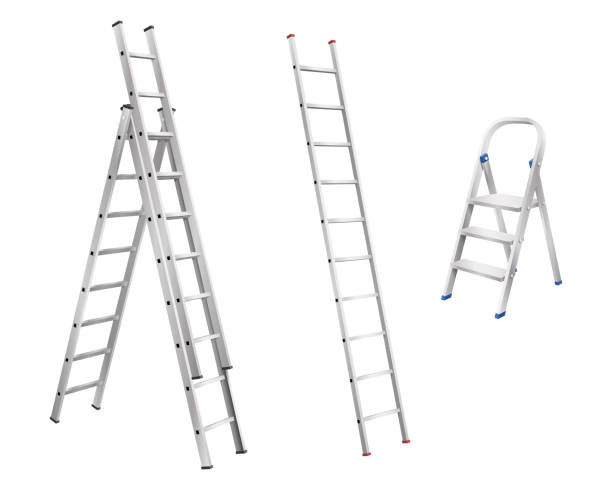 ilustraciones, imágenes clip art, dibujos animados e iconos de stock de escaleras metálicas realistas. conjunto de escalón escalera y escalinata para el hogar sobre fondo blanco - escaleras de aluminio