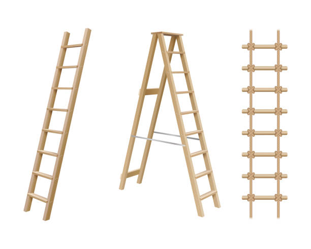 istock Wooden stairs, stepladder and rope ladder realistic set isolated on white background 1308333866