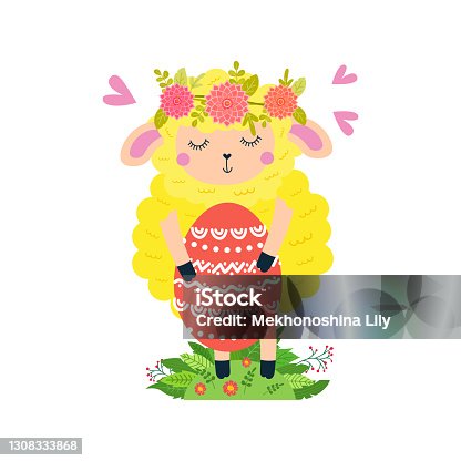 istock Easter lamb is holding a large decorated egg. 1308333868