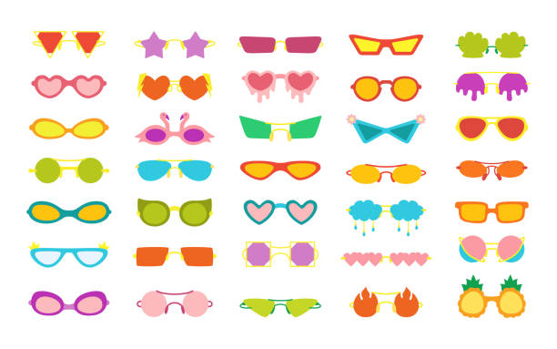 illustrations, cliparts, dessins animés et icônes de vecteur élégant d’ensemble de dessin animé de partie de carnaval de lunettes - sun protection glasses glass