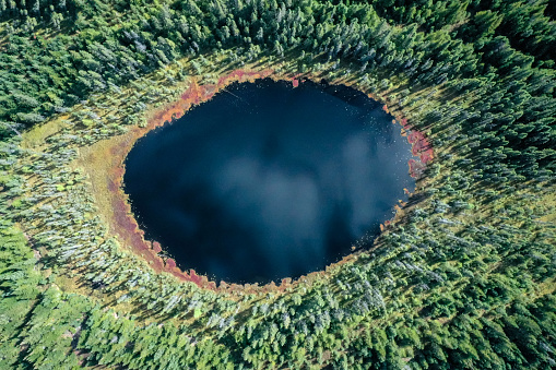 Aerial View of Boreal Nature Forest and lake in Summer, Quebec, Canada. The shape and the couloirs of the picture is creating an eye illusion.