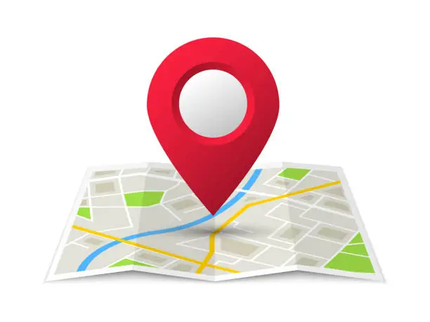 Vector illustration of Folded location map with marker. City map with pin pointer. GPS navigation map with city street roads. Vector illustration.