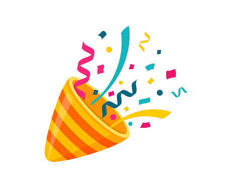Exploding party popper. Flapper with confetti and streamers. Popper flat icon. Simple element for celebrating holiday. Vector illustration.