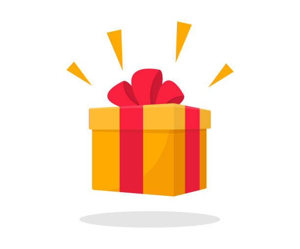 ilustrações de stock, clip art, desenhos animados e ícones de surprise gift box. gift box with red ribbon bow. flat style. element design for giveaway, surprise, holiday. vector illustration. - gift