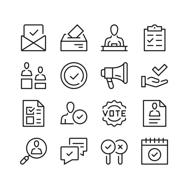 illustrations, cliparts, dessins animés et icônes de icônes de ligne d’élections. concepts de vote. conception mince de ligne. symboles linéaires simples, éléments de contour modernes. ensemble d’icônes de ligne vectorielle - picto urne