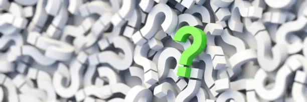 Green question mark on a background of white signs, FAQ Concept. 3D Rendering