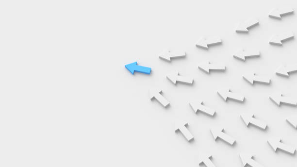 istock Leadership concept, blue leader arrow leading white arrows, on white background with empty copy space on left side 1308344127
