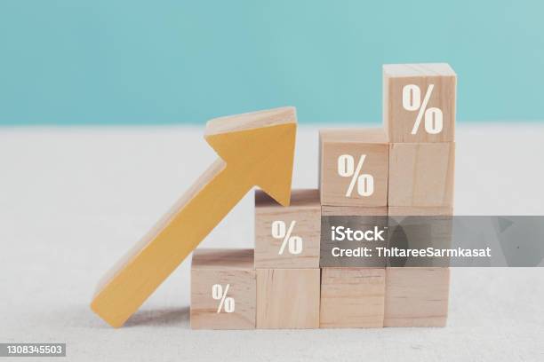 Wooden Blocks With Percentage Sign And Arrow Up Financial Growth Interest Rate Increase Inflation Concept Stock Photo - Download Image Now