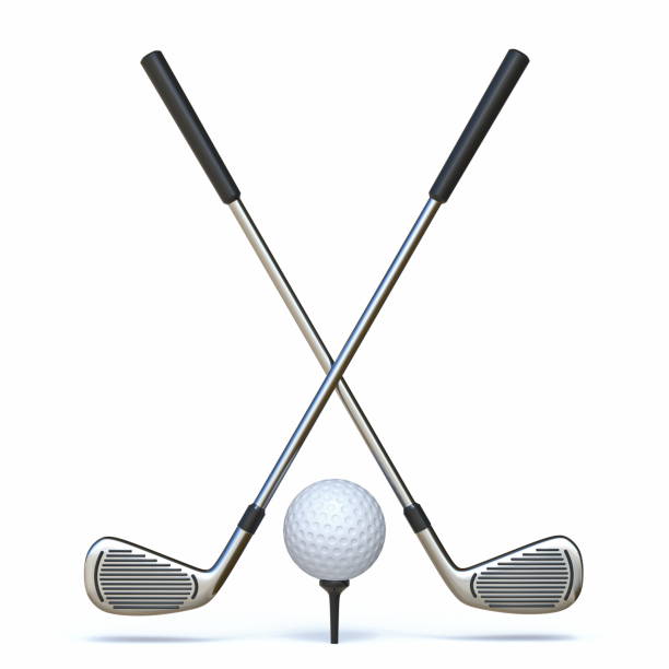 Golf ball with crossed golf clubs 3D Golf ball with crossed golf clubs 3D render illustration isolated on white background golf club stock pictures, royalty-free photos & images
