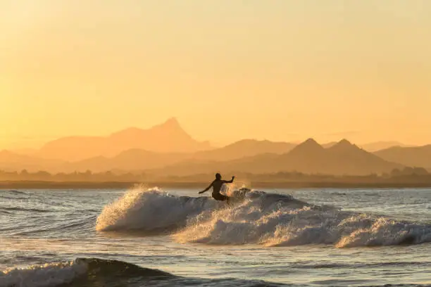 Surfing  at sunset, Byron Bay Australia