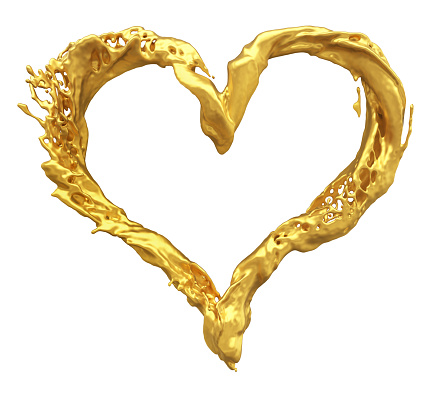 gold heart liquid splash shape, isolated on white