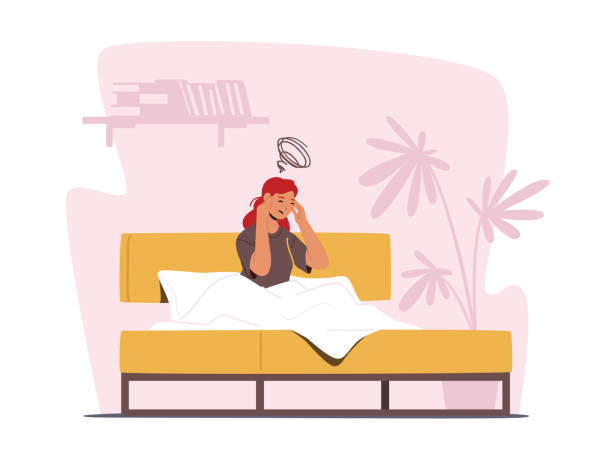 Female Character Depression and Migraine. Depressed Woman with Bewildered Thoughts in Mind and Headache. Mental Disease Female Character Depression and Migraine. Depressed Woman with Bewildered Thoughts in Mind and Headache. Young Sad Girl Sitting in Bed with Unhappy Emotion, Mental Disease. Cartoon Vector Illustration sad woman thinking stock illustrations