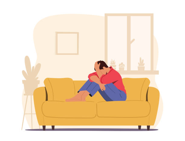 절망, 좌절, 생활 문제 개념. 젊은 우울 화가 남자 캐릭터 앉아 소파 에 덮고 얼굴 울음 - couch stock illustrations