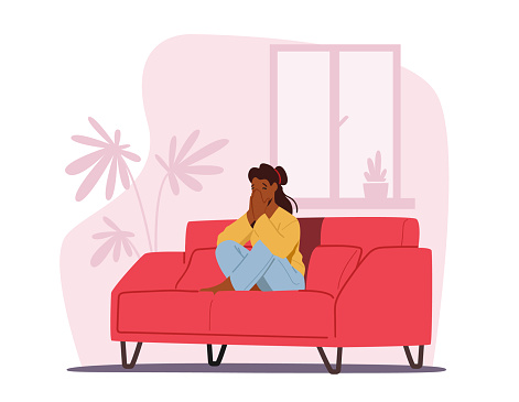 Depression, Headache Migraine, Abuse or Home Violence, Frustration Concept. Young Depressed Upset Female Character, Desperate Woman Sitting on Couch Covering Mouth Crying. Cartoon Vector Illustration